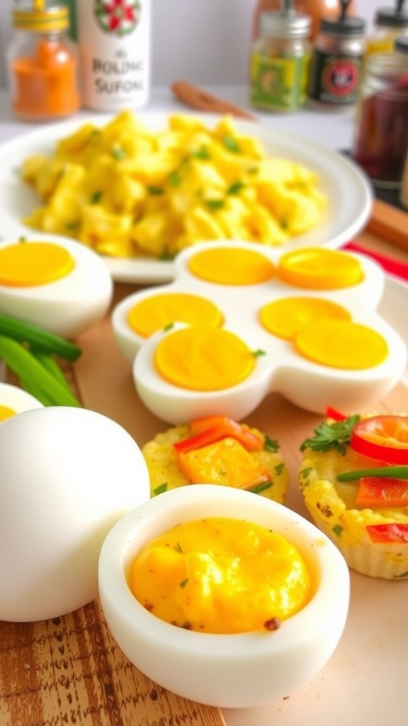 A variety of air fryer egg dishes including scrambled eggs, hard-boiled eggs, and egg muffins on a kitchen counter.